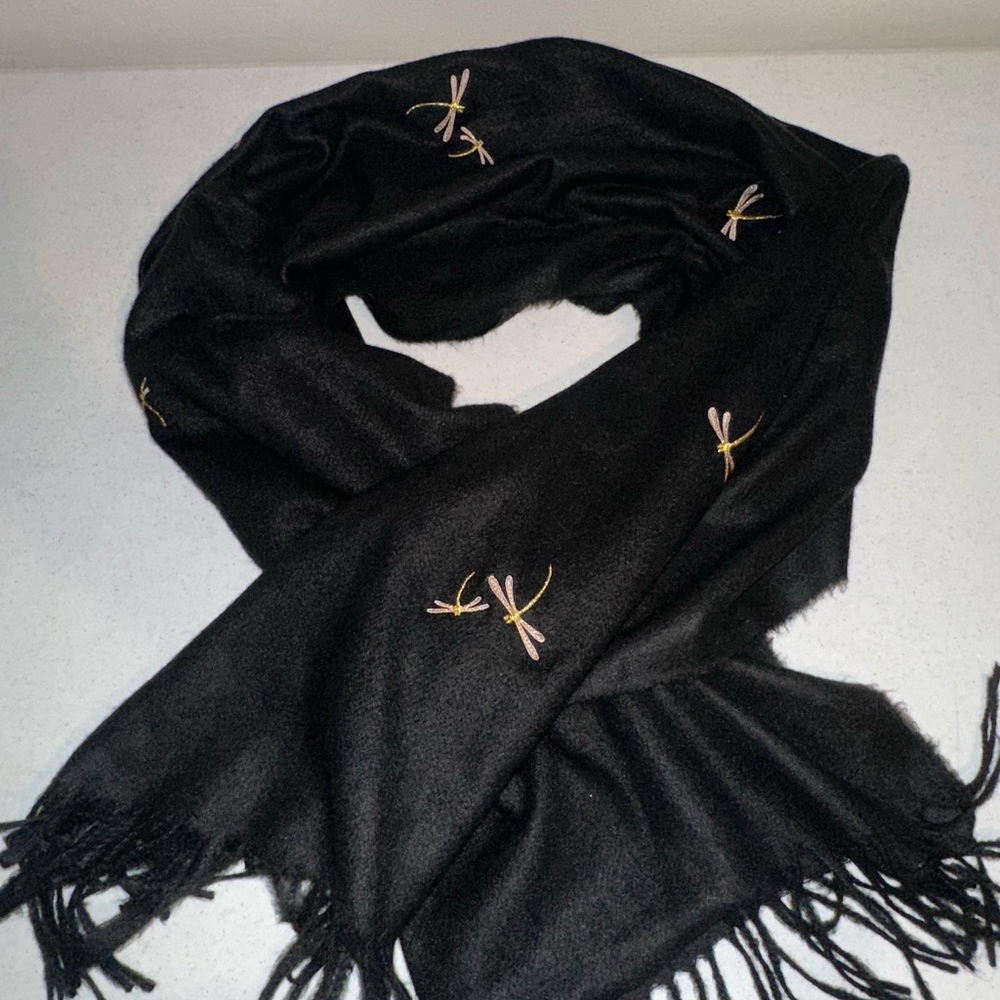Elegant Black Cashmere Scarf with Dragonfly Embroidery